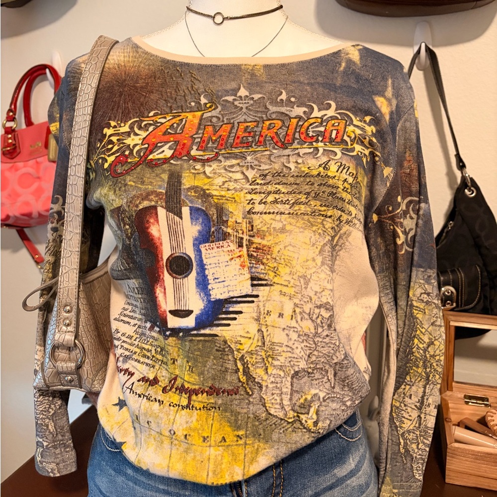 Graphic Long Sleeve Top with Guitar Design